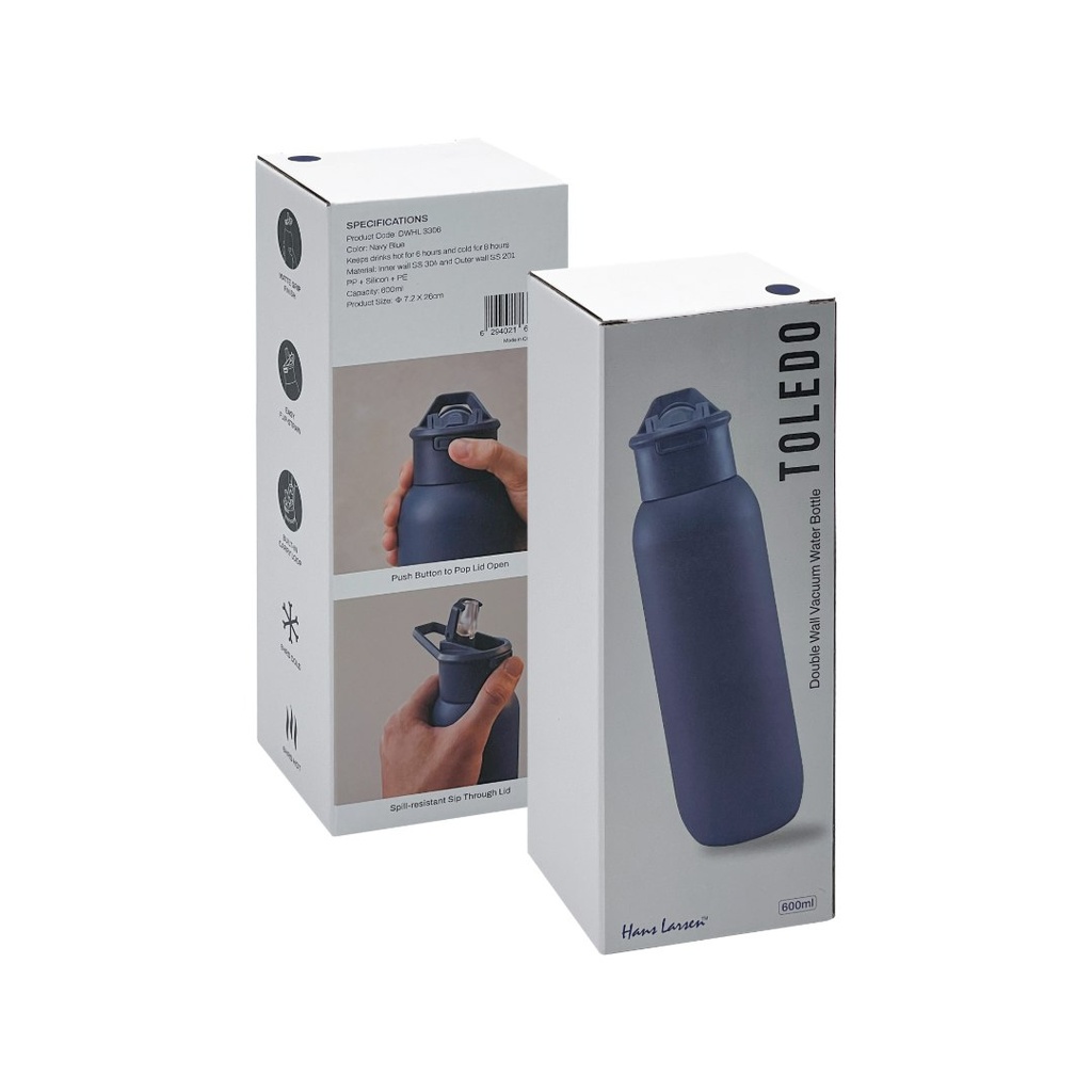 TOLEDO - Hans Larsen Double Wall Bottle with Straw  600 ml - Navy Blue